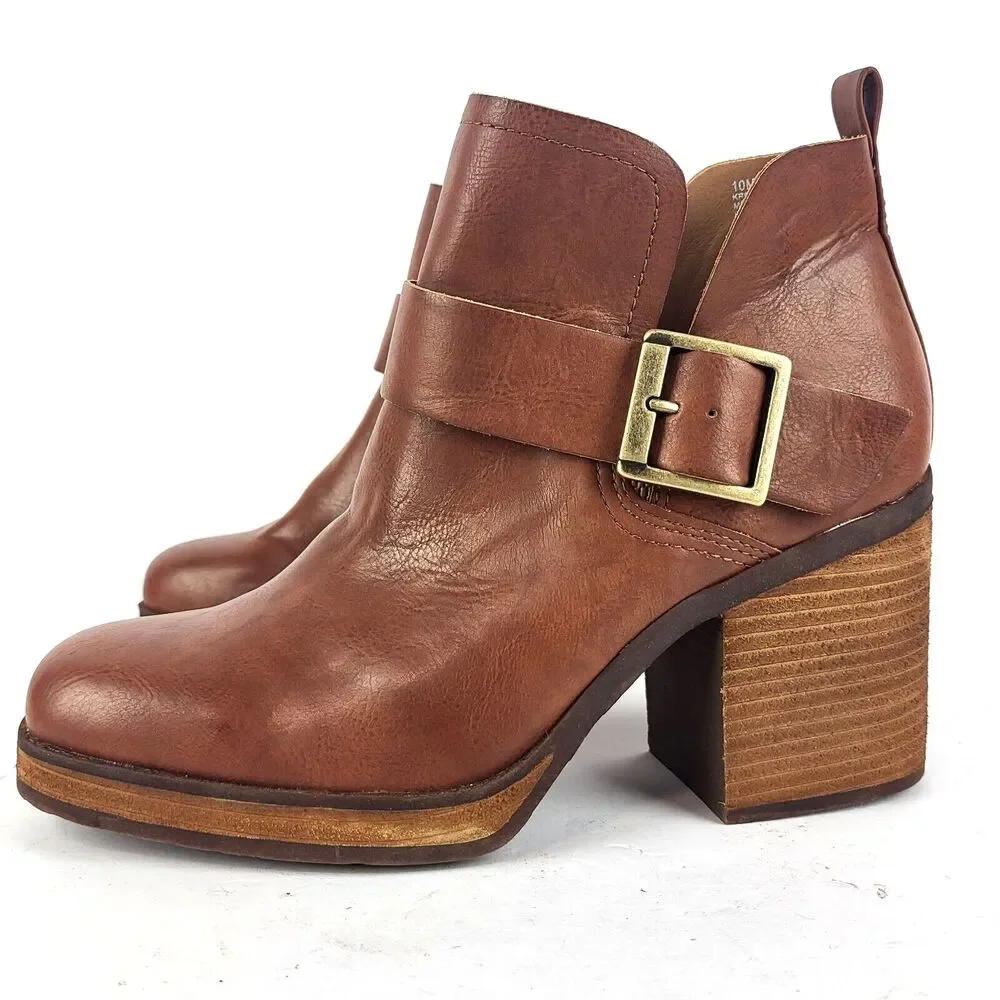 Korks Kari Ankle Booties Pull On Buckle Tan Comfort Padded Wooden 10 M